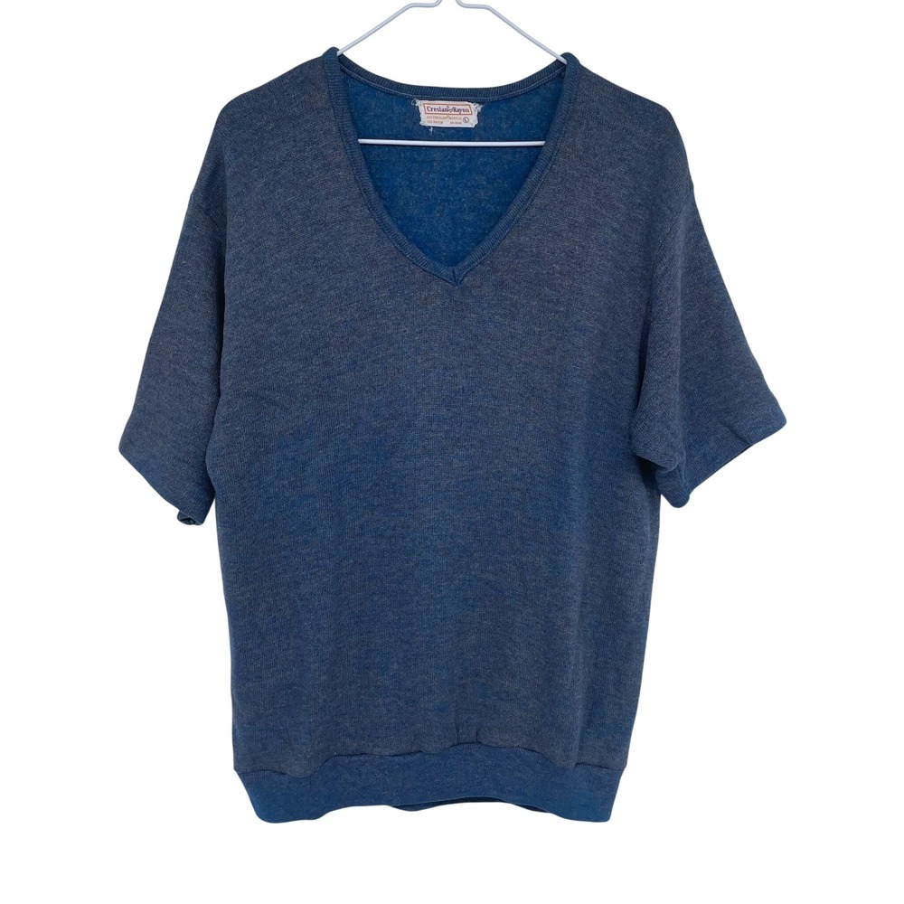 Vintage 60s 70s Womens Creslan and Rayon‎ V-Neck Short Sleeve Sweater Large Blue